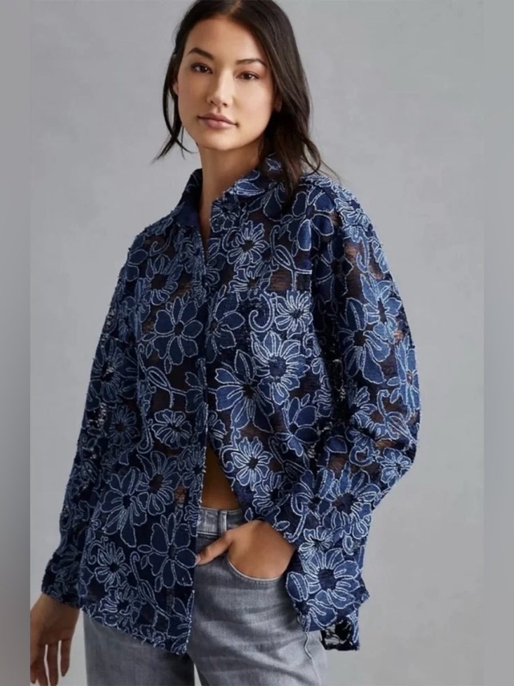 Pilcro Anthropologie Navy Sheer Floral Lace Embroidered Button Down Blouse XS
